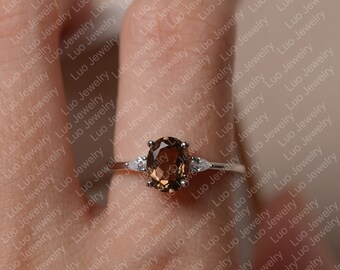 Genuine Smoky Quartz Ring, Oval Cut Brown Stone, Sterling