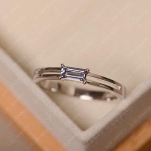 Alexandrite ring, baguette cut, June birthstone ring, sterling silver, solitaire engagement ring