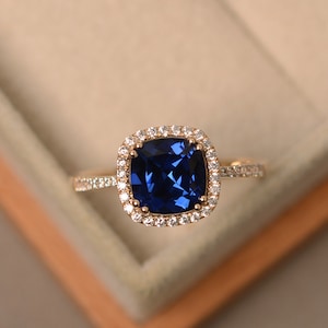 Unique sapphire engagement ring,cushion cut blue gemsotne,14k yellow gold rings