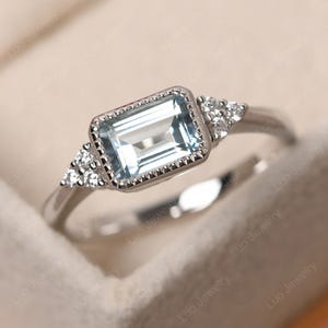 Emerald cut 5x7 mm aquamarine promise ring, sterling silver vintage bridal ring, March birthstone