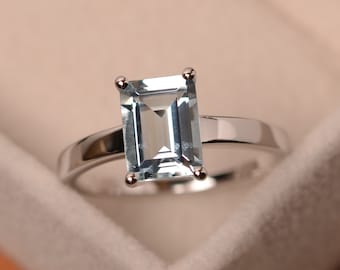 Natural aquamarine ring, solitaire ring, sterling silver, blue gemstone, engagement ring, emerald cut