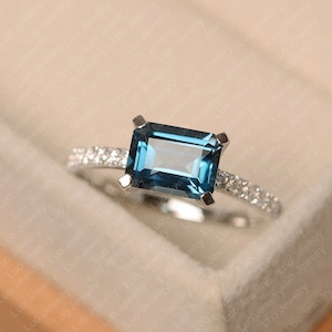 London blue topaz ring, emerald cut, blue stone, white gold engagement ring