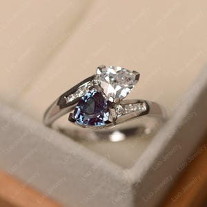 White topaz alexandrite ring, trillion cut, sterling silver engagement ring