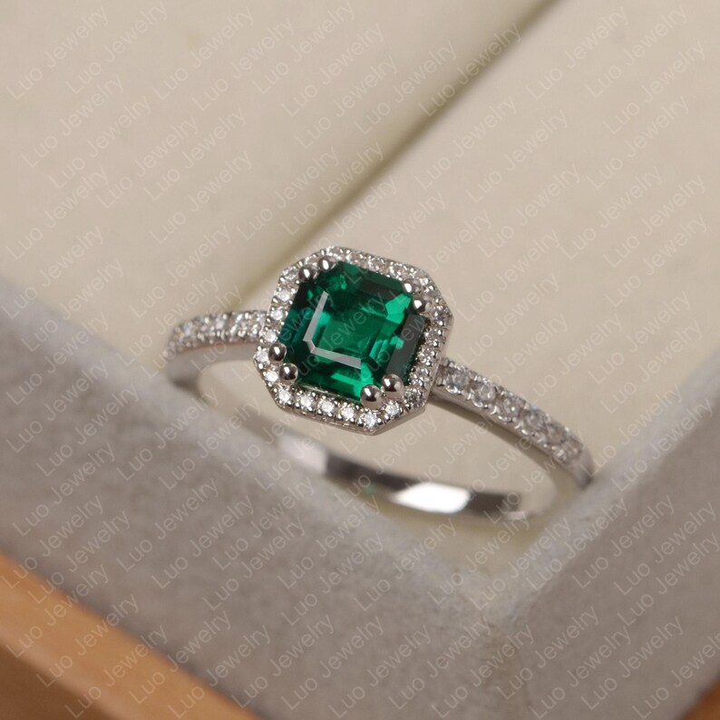 Emerald ring, asscher cut ring, emerald silver ring, green stone ring,halo ring,May birthstone image 1