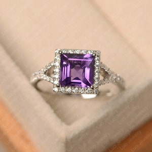 Purple amethyst ring, square cut February birthstone ring, sterling silver, engagement ring for women