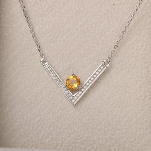 Citrine pendant, round cut, yellow stone necklace, sterling silver, engagement gift, November birthstone