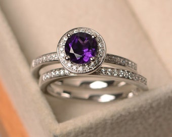 Amethyst engagement ring, purple gemstone, February birthstone ring, sterling silver halo ring, 2 ring set