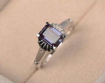 engagement ring ,lab alexandrite ring,solitaire ring,color changing gemstone ring,silver ring,emerald cut,June birthstone