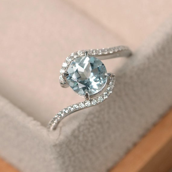 Aquamarine ring white gold, wedding ring, round cut aquamarine