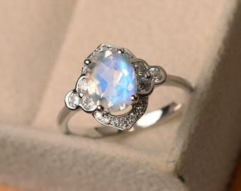 Natural blue moonstone ring, faceted moonstone ring, June birthstone, oval cut rings, halo ring