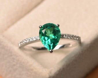 Lab emerald ring, pear cut green gemstone ring, sterling silver ring, May birthstone, engagement ring