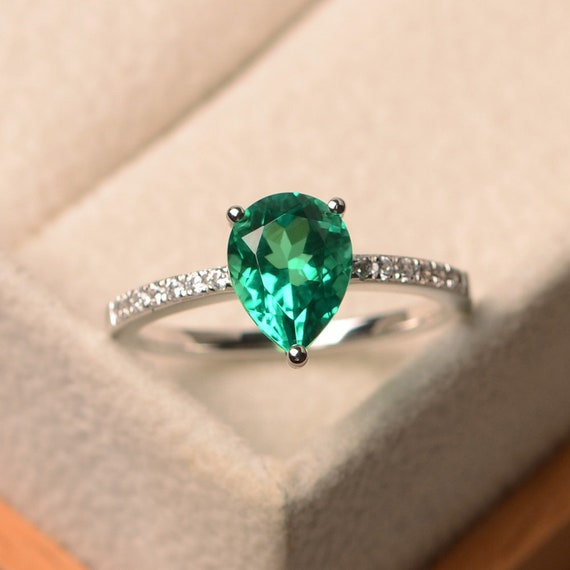 Lab emerald ring pear cut green gemstone ring sterling | Etsy