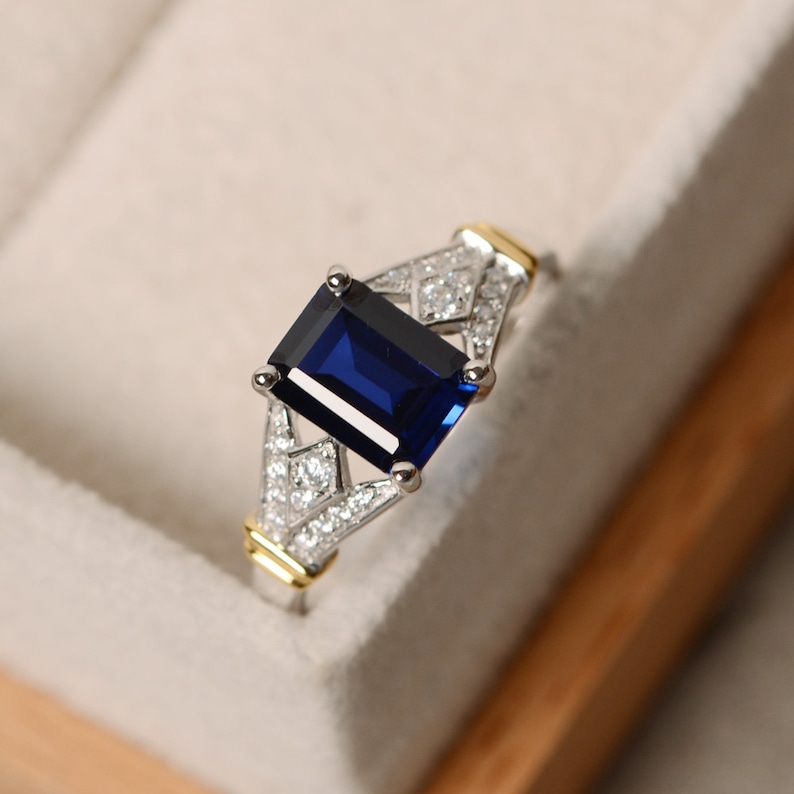 yellow gold claw ring sapphire emerald cut sapphire gemstone ring Blue sapphire ring