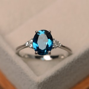 Real London blue topaz ring, oval blue gemstone, promise ring, sterling silver,November birthstone