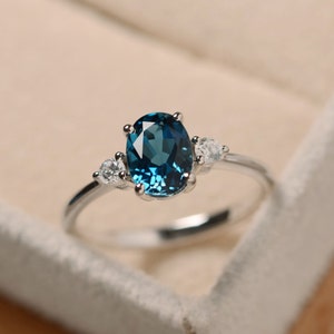 Real London blue topaz ring, oval gemstone, sterling silver, three stones promise ring,November birthstone