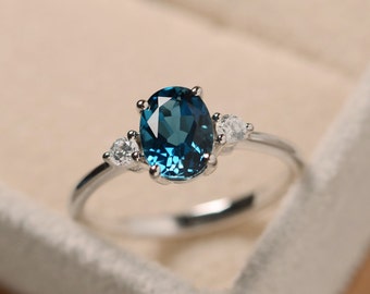 Real London blue topaz ring, oval gemstone, sterling silver, three stones promise ring,November birthstone
