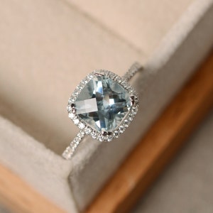 Natural aquamarine engagement ring, cushion cut, 14k white gold, March birthstone, handmade unique ring