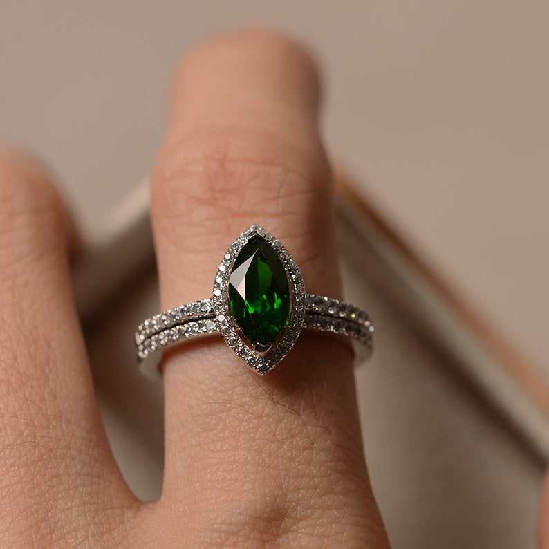 Natural diopside ring sterling silver ring promising ring for women halo ring marquise cut green gemstone