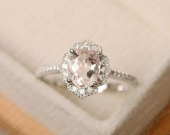 morganite ring, oval cut, pink stone ring, sterling silver, halo wedding ring