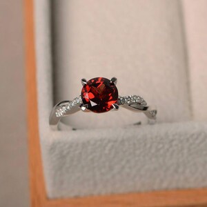 Engagement rings, natural garnet rings, January birthstone, round cut red gemstone, sterling silver rings, lovely rings