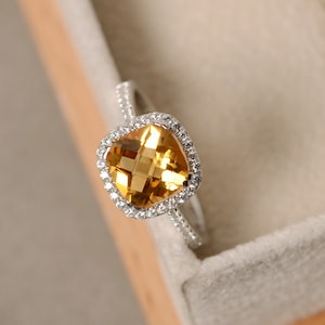 Citrine ring, cushion cut, yellow gemstone, engagement ring, November birthstone ring