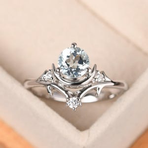 Round shaped 6 mm aquamarine ring,sterling silver March birthstone ring,crescent moon ring