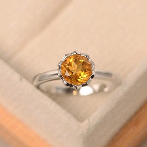 Yellow citrine ring, sterling silver, engagement ring for women, round cut November birthstone