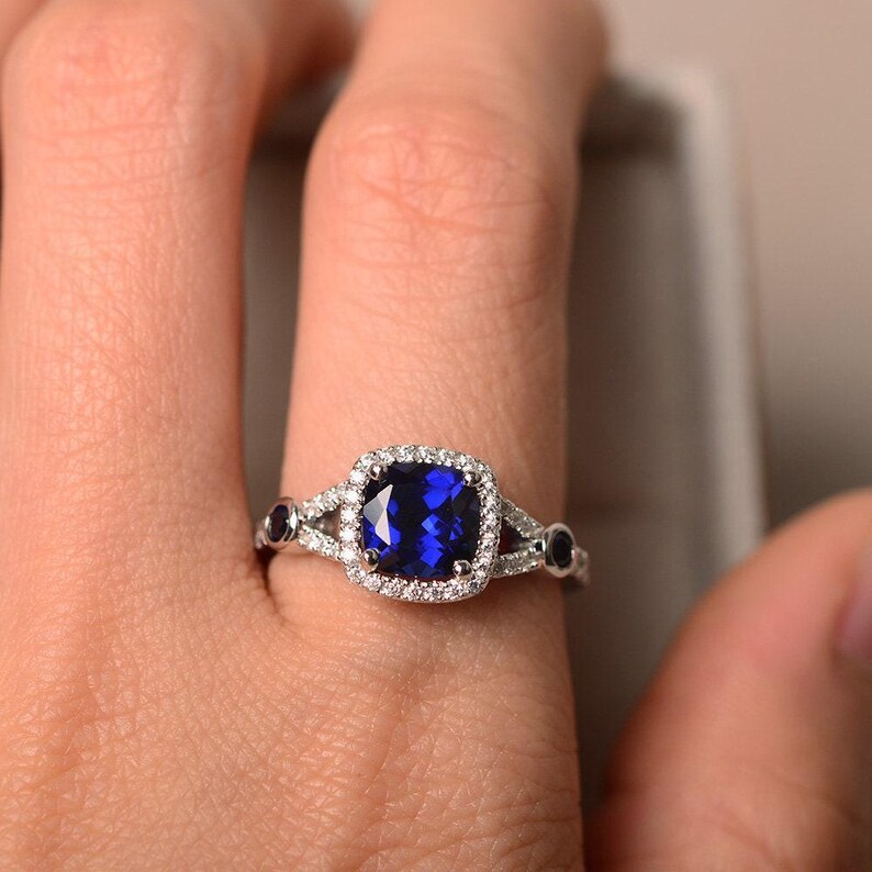 Sapphire engagement ring, cushion cut, blue sapphire ring, blue gemstone ring silver image 4