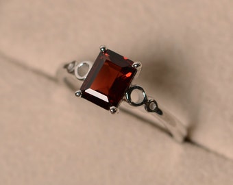 Garnet engagement rings, emerald cut, January birthstone, promise ring, sterling silver 925, solitaire rings