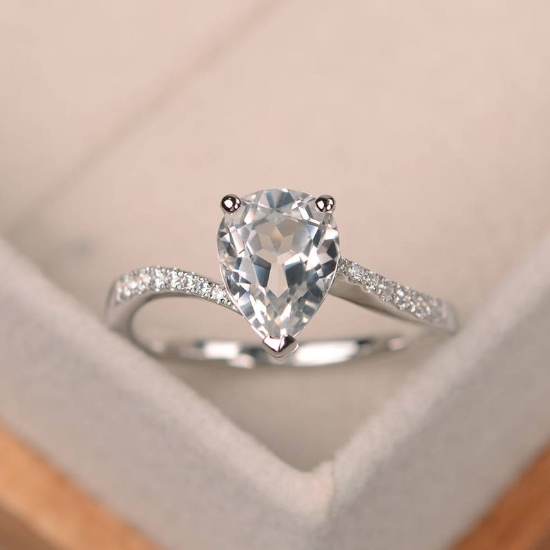 Natural white topaz ring pear shaped engagement ring silver gemstone ring