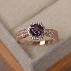 Alexandrite ring, round cut June birthstone, rose gold wedding for women