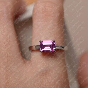Rosa safirring, smaragdslipad rosa stenring, jubileumsring i sterlingsilver för kvinnor bild 5