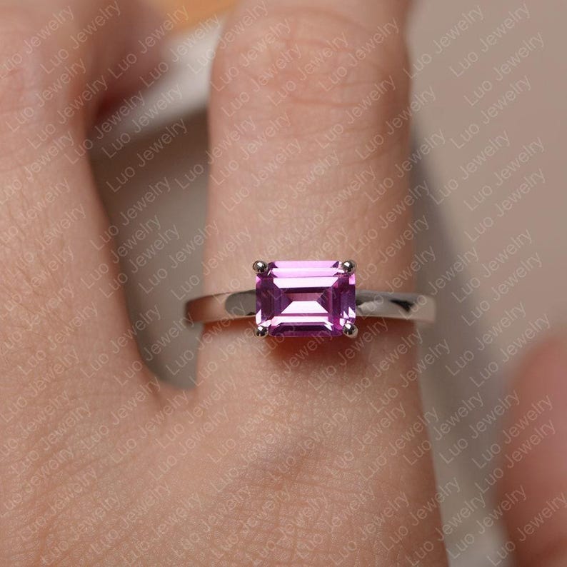 Rosa safirring, smaragdslipad rosa stenring, jubileumsring i sterlingsilver för kvinnor bild 5