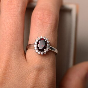 Garnet ring for women, halo garnet, engagement ring, January birthstone ring， oval cut image 5