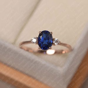 Blue sapphire 14K rose gold ring, oval cut statement ring, September birthstone