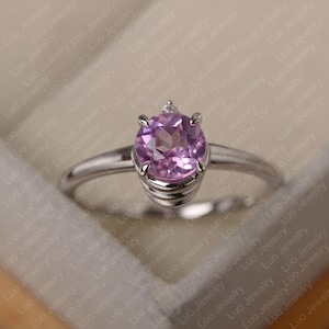 Roze saffierring, venusring, roze edelsteen, verlovingsring, rond geslepen, sterlingzilver, jubileumcadeaus