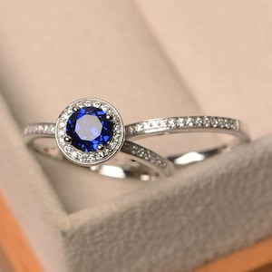Blauer Saphirring, September Geburtsstein, silberner Verlobungsring, runder Heiligenscheinring, Ringe für Frauen