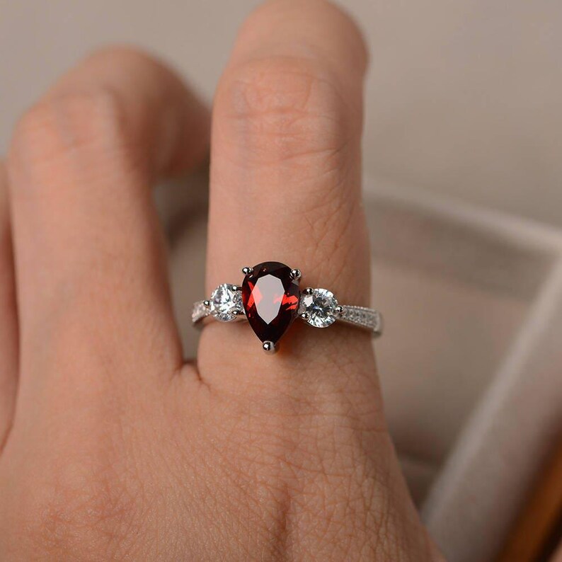 Natural garnet ring, promise ring, red gemstone ring, pear cut gemstone, sterling silver ring, January birthstone ring image 4
