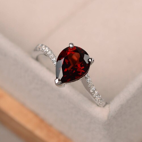 Red garnet wedding ring with pear side stone solid silver asscher cut January birthstone ring