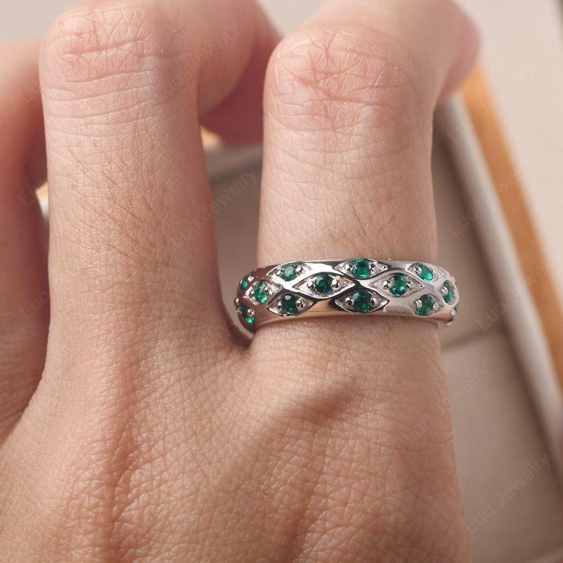 Verlobungsring für Männer, Sterling Silber Smaragd Ring, pflastern grobstrick Ring, Mai Geburtsstein Bild 5