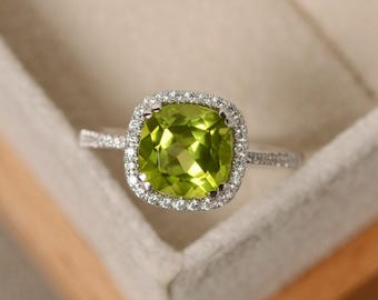Peridot engagement ring, sterling silver, cushion cut peridot, August birthstone ring, natural peridot gemstone