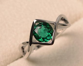 Lab emerald rings, anniversary rings, May birthstone, round cut green gemstone, solid silver rings, solitaire rings