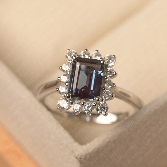 Emerald Cut 6x8 Mm Alexandrite Engagement Ring Color Changing