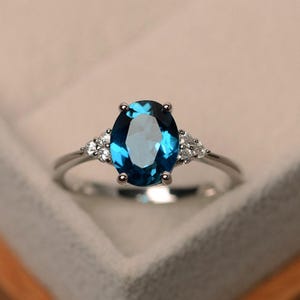 Real London blue topaz ring, oval blue gemstone, promise ring, sterling silver,November birthstone