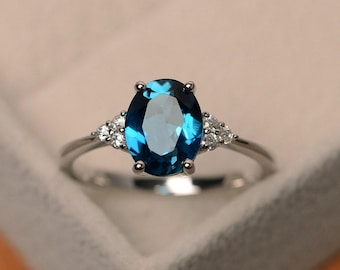 Real London blue topaz ring, oval blue gemstone, promise ring, sterling silver,November birthstone