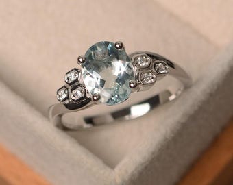 Aquamarine ring, oval blue aquamarine ring, natural blue gemstone, March birthstone, engagement ring