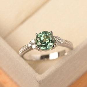 Handmade green sapphire ring, cocktail ring, sterling silver, round cut ,teal sapphire