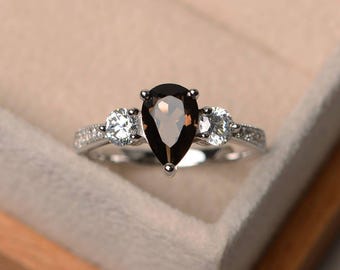 Natural smoky quartz ring, promise ring, pear cut gemstone, sterling silver ring, brown gemstone ring