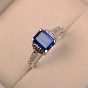 September birthstone,wedding ring,emerald cut,lab blue sapphire ring,solitaire ring,gemstone ring,sterling silver ring