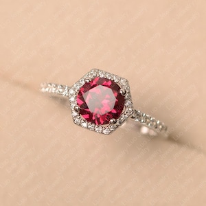 Red ruby ring, round cut, July birthstone ring, sterling silver engagement ring